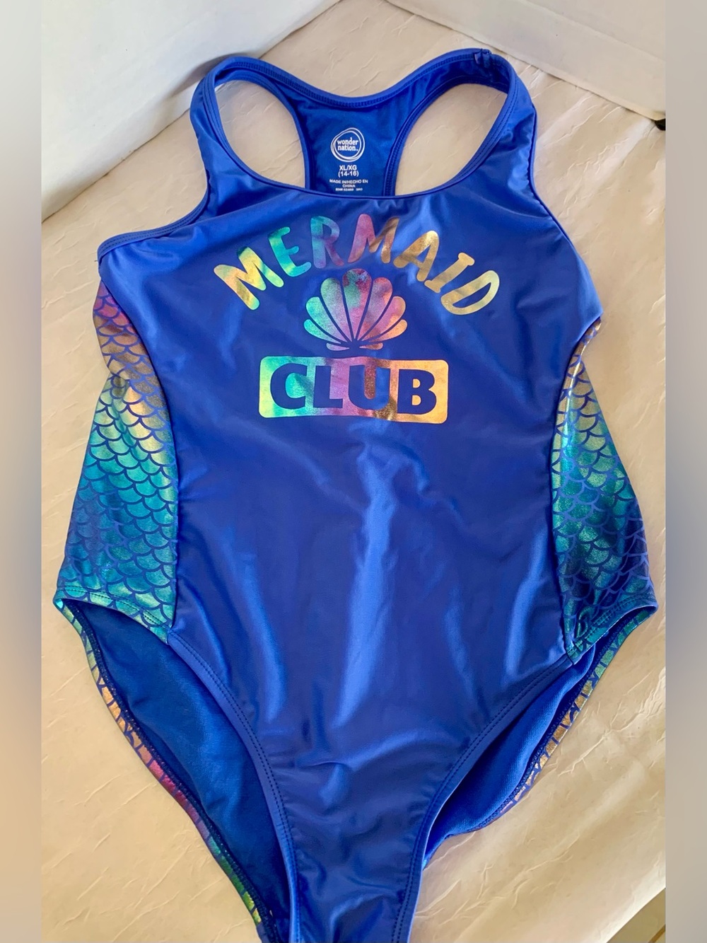 wonder nation Blue Mermaid Club Girls' One-Piece Swimsuit XL 14-16